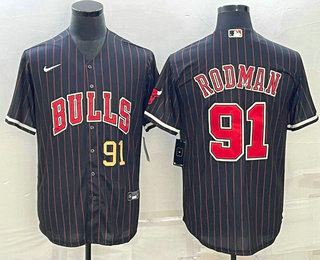 Mens Chicago Bulls #91 Dennis Rodman Number Black With Patch Cool Base Stitched Baseball Jersey->chicago bulls->NBA Jersey